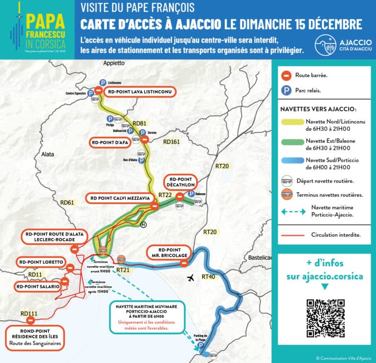 Carte d'acces à Ajaccio depuis Porticcio dimanche 15 décembre 2024 pour la venue du Pape en Corse.